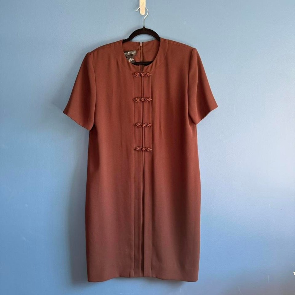 Vintage 90s Dress Women's Size 10 Debra Michaels‎ Brown Shoulder Pads Retro Midi